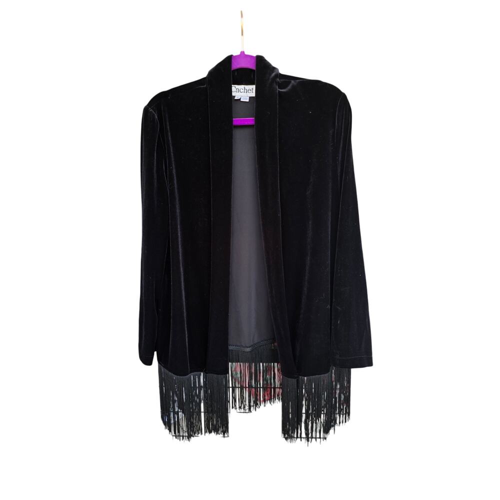 Women's Black Velvet Fringed Lightweight Jacket Large